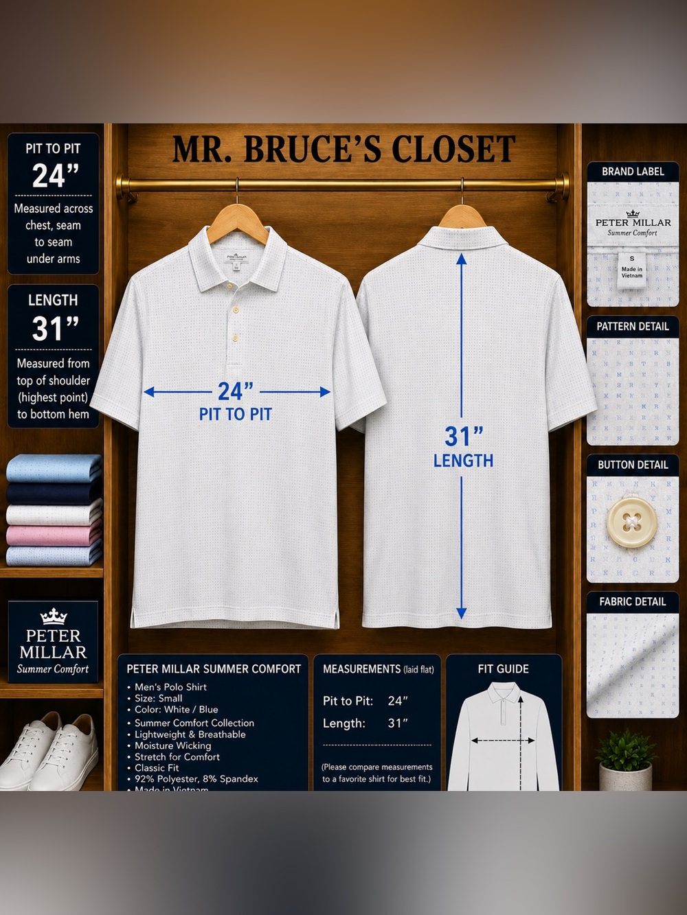 Peter Millar White Polo with Subtle Blue Texture